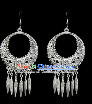 Chinese Traditional Yi Nationality Accessories Sliver Earrings, Hmong Female Folk Dance Ethnic Eardrop for Women