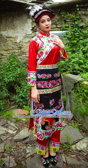 Traditional Chinese Qiang Nationality Dance Costume and Headwear, Female Ethnic Pleated Skirt Minority Embroidery Clothing for Women
