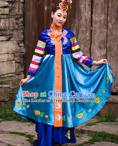 Traditional Chinese Korean Nationality Dance Costume and Headwear, Koreans Ethnic Pleated Skirt Minority Embroidery Clothing for Women