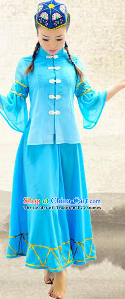 Traditional Chinese Salar Nationality Dance Costume, China Ethnic Minority Embroidery Blue Dress Clothing and Headdress for Women