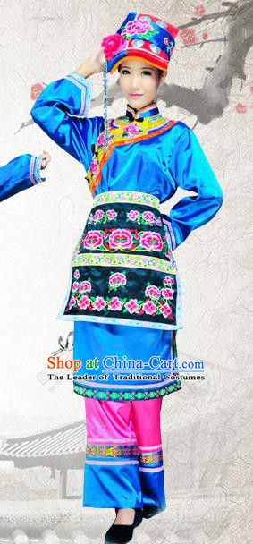 Traditional Chinese Qiang Nationality Embroidered Costume, China Ethnic Minority Dance Clothing and Headdress for Women