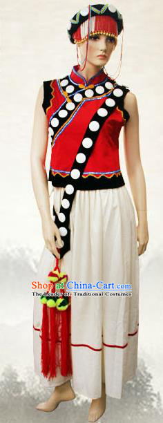 Traditional Chinese Li Li Nationality Dance Costume and Headwear, China Ethnic Minority Embroidery Clothing and Headdress for Women
