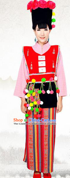 Traditional Chinese Achang Nationality Costume, China Ethnic Minority Dance Clothing and Hats for Women