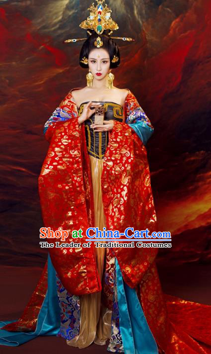 Chinese Ancient Imperial Empress Hanfu Dress Tang Dynasty Queen Embroidered Replica Costume and Headpiece for Women