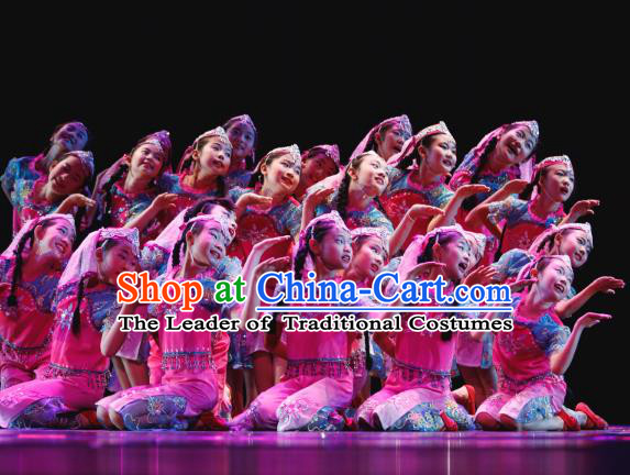 Traditional Chinese Folk Dance Costume, Children Yanko Dance Dress Clothing for Kids