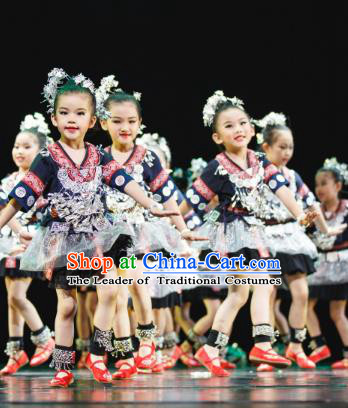 Traditional Chinese Tujia Nationality Dance Folk Dance Costume, Children Classical Dance Dress Clothing for Kids