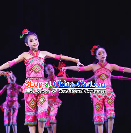Traditional Chinese Tujia Nationality Folk Dance Costume, Children Classical Dance Dress Clothing for Kids