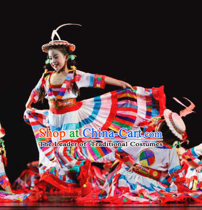Traditional Chinese Nationality Folk Dance Costume, Children Classical Dance Dariga Dress Clothing for Kids