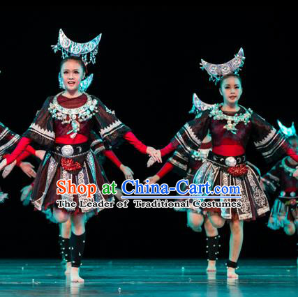 Traditional Chinese Miao Nationality Folk Dance Costume, Children Classical Dance Ethnic Clothing for Kids