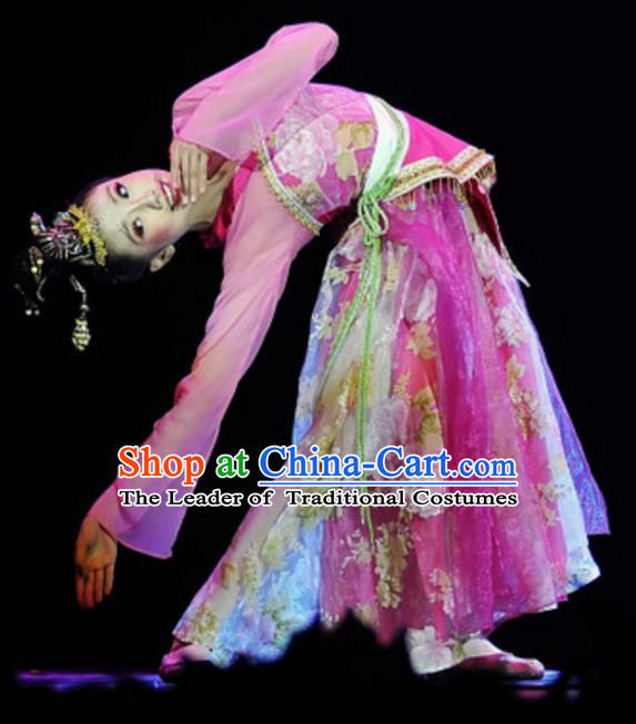 Traditional Chinese Folk Dance Embroidered Costume, China Classical Dance Pink Dress Clothing for Women