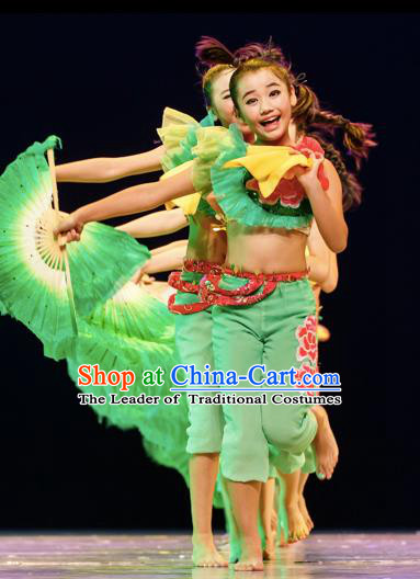 Chinese Traditional Yangge Stage Performance Green Costume, China Folk Dance Classical Dance Clothing for Children