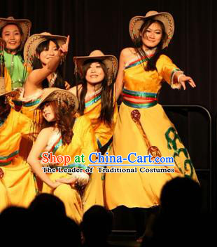 Traditional Chinese Zang Nationality Dance Costume, China Tibetan Folk Dance Classical Dance Yellow Dress for Women