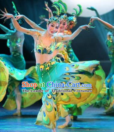 Traditional Chinese Pavane Peacock Dance Costume, China Folk Dance Classical Dance Dress for Women