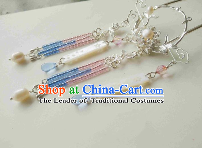 Chinese Traditional Ancient Hair Accessories Classical Blue Beads Tassel Hair Clip Hanfu Hairpins for Women