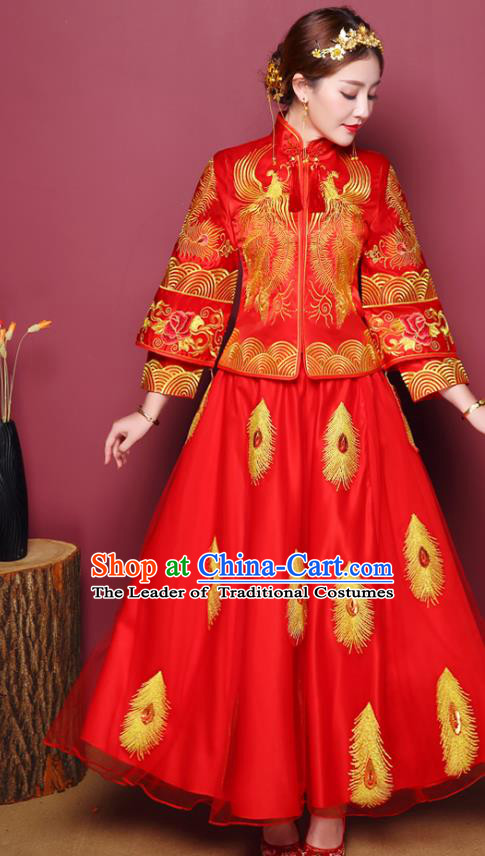 Chinese Traditional Wedding Dress Costume Red Bottom Drawer, China Ancient Bride Embroidered Phoenix Xiuhe Suit Clothing for Women
