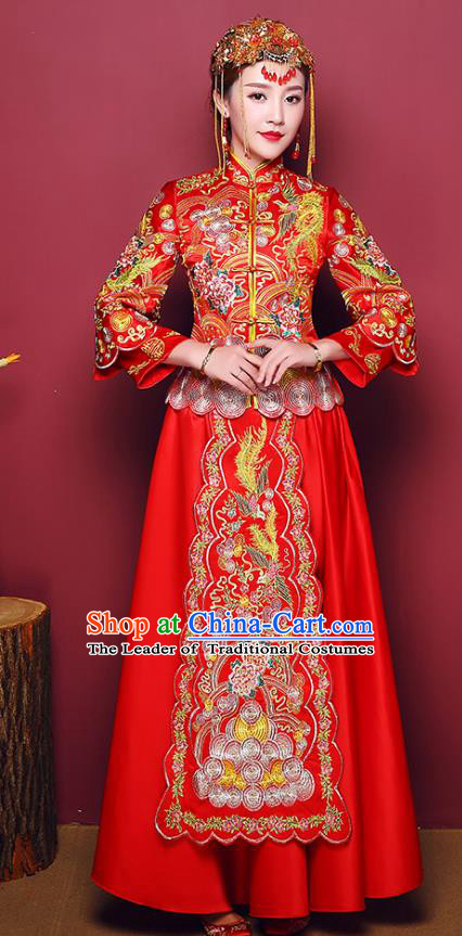Chinese Traditional Wedding Dress Costume Bottom Drawer, China Ancient Bride Embroidered Phoenix Xiuhe Suits for Women
