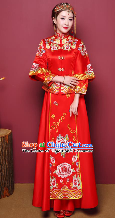 Chinese Traditional Wedding Red Dress Costume Bottom Drawer, China Ancient Bride Embroidered Xiuhe Suits for Women