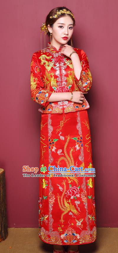 Chinese Traditional Wedding Costume Slim Dress Bottom Drawer, China Ancient Bride Embroidered Xiuhe Suits for Women