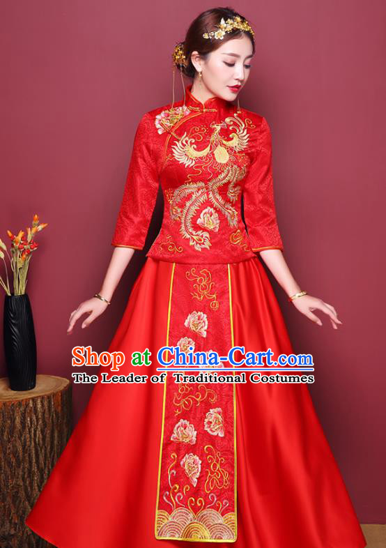 Chinese Ancient Wedding Costume Bride Dress, China Traditional Toast Clothing Delicate Embroidered Xiuhe Suits for Women