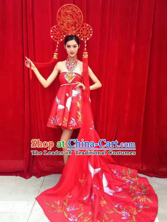 Top Grade Chinese Traditional Stage Performance Costumes Modern Fancywork Clothing Printing Cranes Trailing Full Dress and Headwear for Women