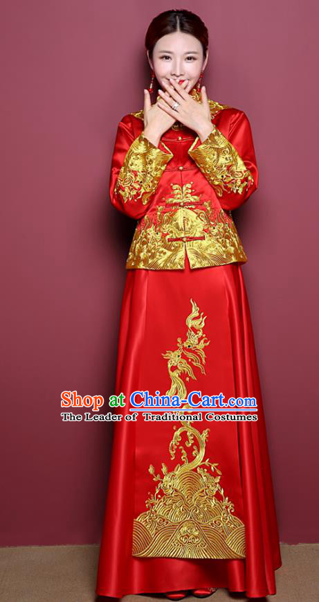Chinese Ancient Wedding Costume Bride Red Dress, China Traditional Toast Clothing Delicate Embroidered Xiuhe Suits for Women
