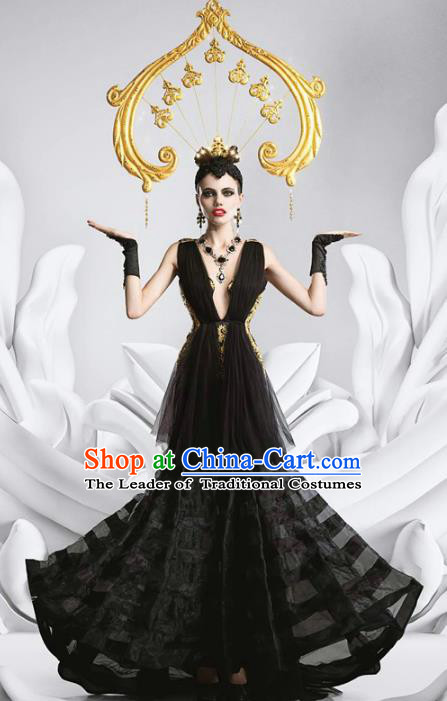 Top Grade Stage Performance Costumes Baroque Modern Fancywork Black Full Dress and Headwear for Women