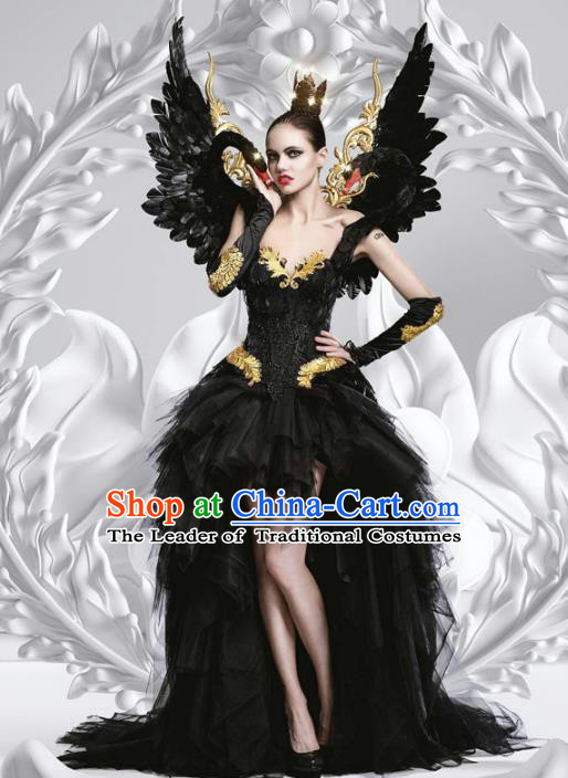 Top Grade Stage Performance Costumes Baroque Modern Fancywork Black Trailing Full Dress and Feather Wings for Women