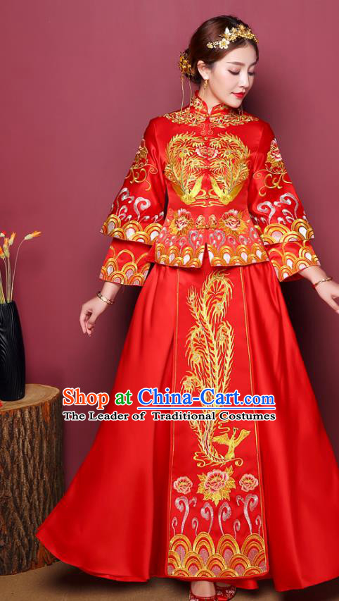 Chinese Traditional Wedding Costume, China Ancient Bride Xiuhe Suit Embroidered Phoenix Dress Clothing for Women