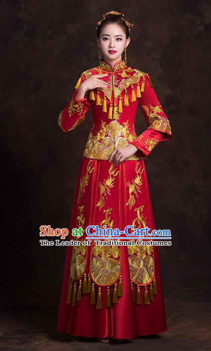 Chinese Traditional Golden Tassel Xiuhe Suits Bride Red Full Dress Ancient Embroidered Peony Bottom Drawer Wedding Costumes for Women