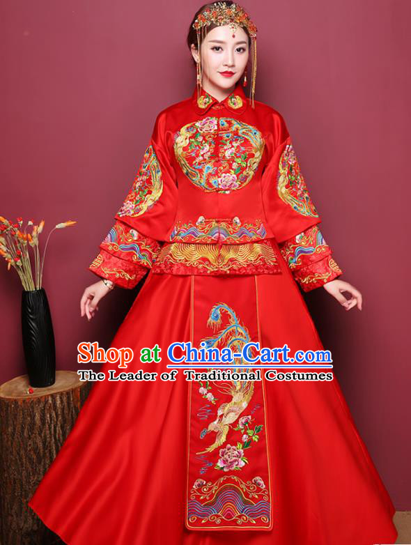 Chinese Ancient Wedding Costume Bride Red Dress, China Traditional Delicate Embroidered Phoenix Toast Clothing Xiuhe Suits for Women
