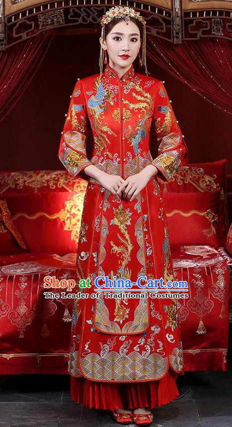 Chinese Ancient Wedding Costume Bride Dress, China Traditional Delicate Embroidered Phoenix Toast Clothing Xiuhe Suits for Women