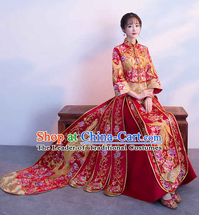 Chinese Traditional Xiuhe Suits Bride Trailing Full Dress Ancient Embroidered Phoenix Bottom Drawer Wedding Costumes for Women