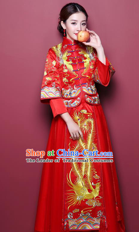 Chinese Ancient Wedding Costume Bride Delicate Embroidered Dress, China Traditional Toast Clothing Xiuhe Suits for Women
