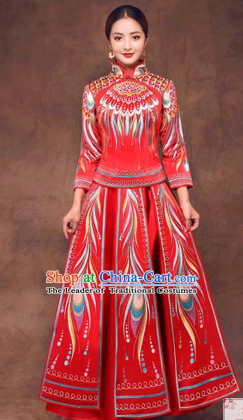 Chinese Ancient Wedding Costume Bride Toast Clothing, China Traditional Delicate Embroidered Phoenix Dress Xiuhe Suits for Women