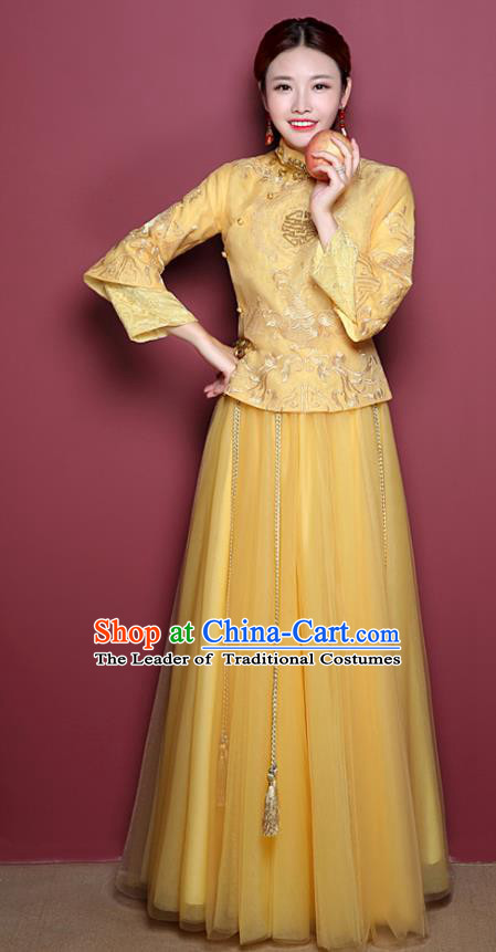 Chinese Ancient Wedding Costume Bride Yellow Toast Clothing, China Traditional Delicate Embroidered Dress Xiuhe Suits for Women