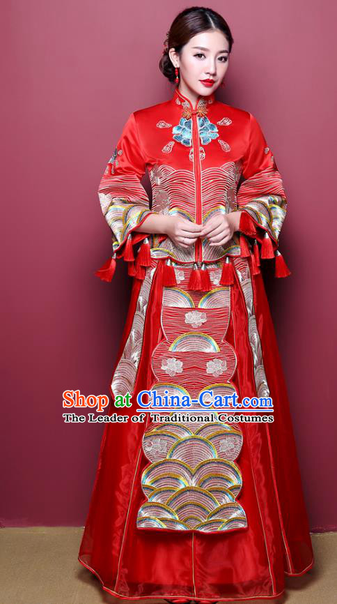 Chinese Ancient Wedding Costume Bride Finery Toast Clothing, China Traditional Delicate Embroidered Dress Xiuhe Suits for Women