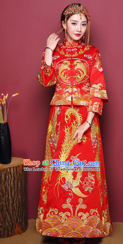Chinese Traditional Wedding Costume, China Ancient Bride Embroidered Phoenix Peony Xiuhe Suit Clothing for Women