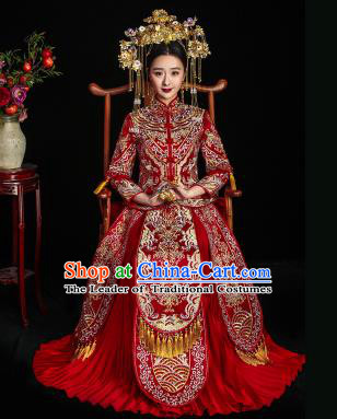Chinese Ancient Wedding Costume Bride Hot Drilling Toast Clothing, China Traditional Delicate Embroidered Xiuhe Suits for Women