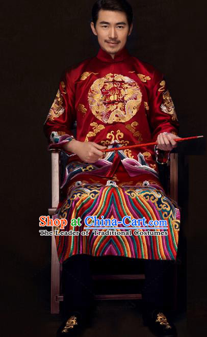 Chinese Traditional Embroidered Wedding Costume China Ancient Bridegroom Tang Suit Wine Red Gown for Men