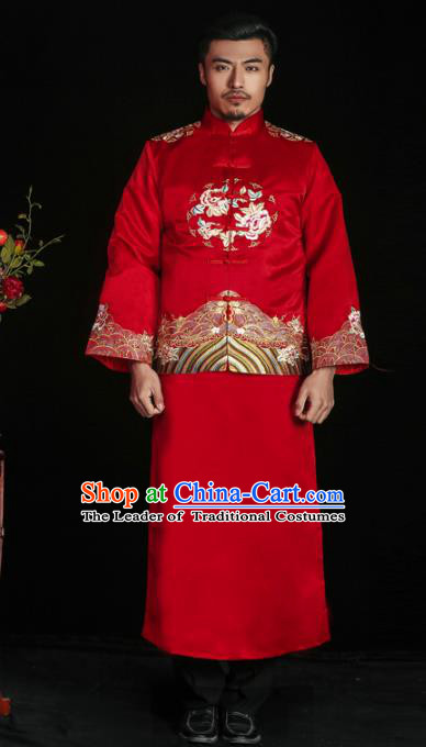 Chinese Traditional Embroidered Wedding Costume China Ancient Bridegroom Tang Suit Red Gown for Men