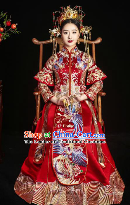 Chinese Traditional Xiuhe Suits Ancient Bride Embroidered Red Bottom Drawer Wedding Costumes for Women