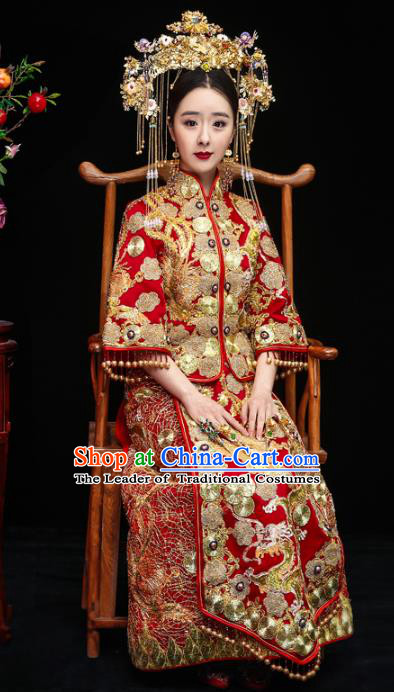Chinese Traditional Toast Xiuhe Suits Ancient Bride Beading Embroidered Bottom Drawer Wedding Costumes for Women