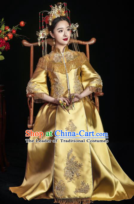 Chinese Traditional Toast Yellow Xiuhe Suits Ancient Bride Embroidered Bottom Drawer Wedding Costumes for Women