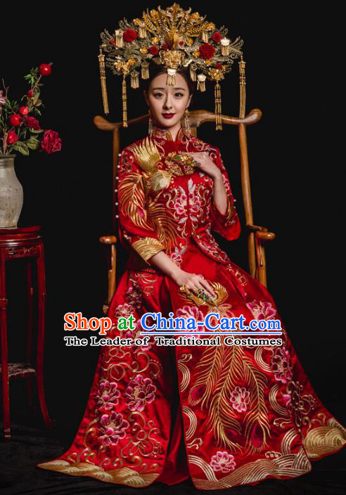Chinese Traditional Toast Red Xiuhe Suits Ancient Bride Embroidered Phoenix Peony Bottom Drawer Wedding Costumes for Women
