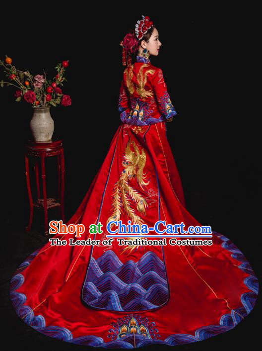 Chinese Ancient Wedding Costume Bride Trailing Embroidery Toast Clothing, Traditional Delicate Embroidered Red Xiuhe Suits for Women