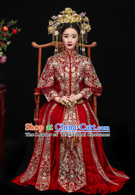 Chinese Ancient Bride Wedding Costume Embroidery Toast Clothing, Traditional China Delicate Embroidered Red Xiuhe Suits for Women