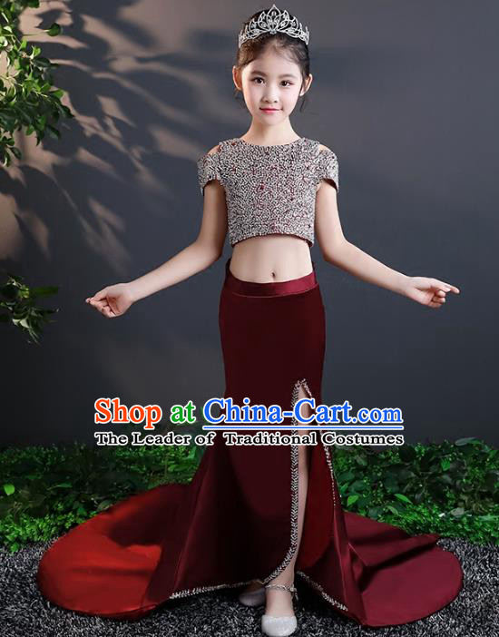 Children Stage Performance Costumes Trailing Dress Modern Fancywork Full Dress for Kids