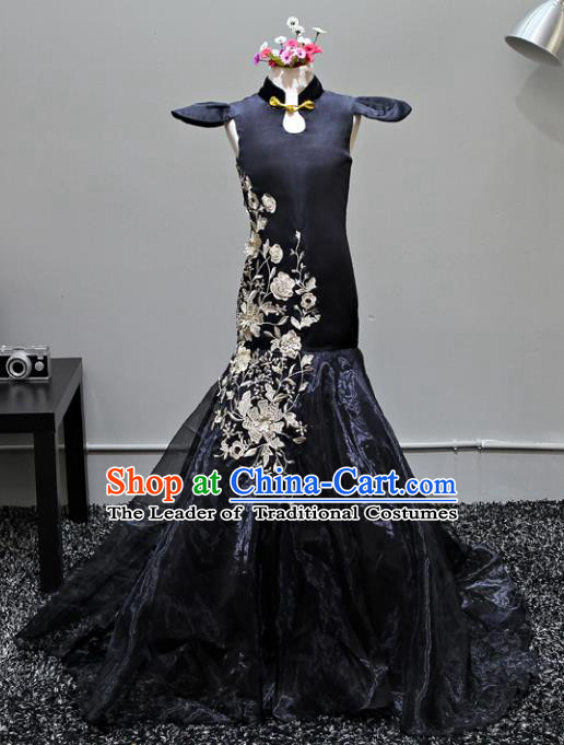 Children Stage Performance Costumes Black Embroidered Cheongsam Modern Fancywork Trailing Full Dress for Kids