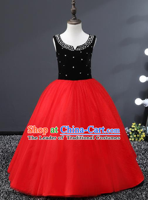 Top Grade Stage Performance Costumes Red Veil Bubble Dress Modern Fancywork Full Dress for Kids