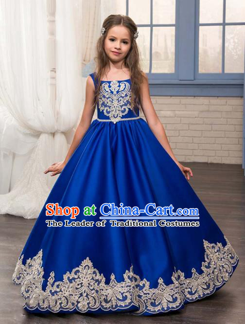 Top Grade Stage Performance Costumes Compere Royalblue Bubble Dress Modern Fancywork Full Dress for Kids